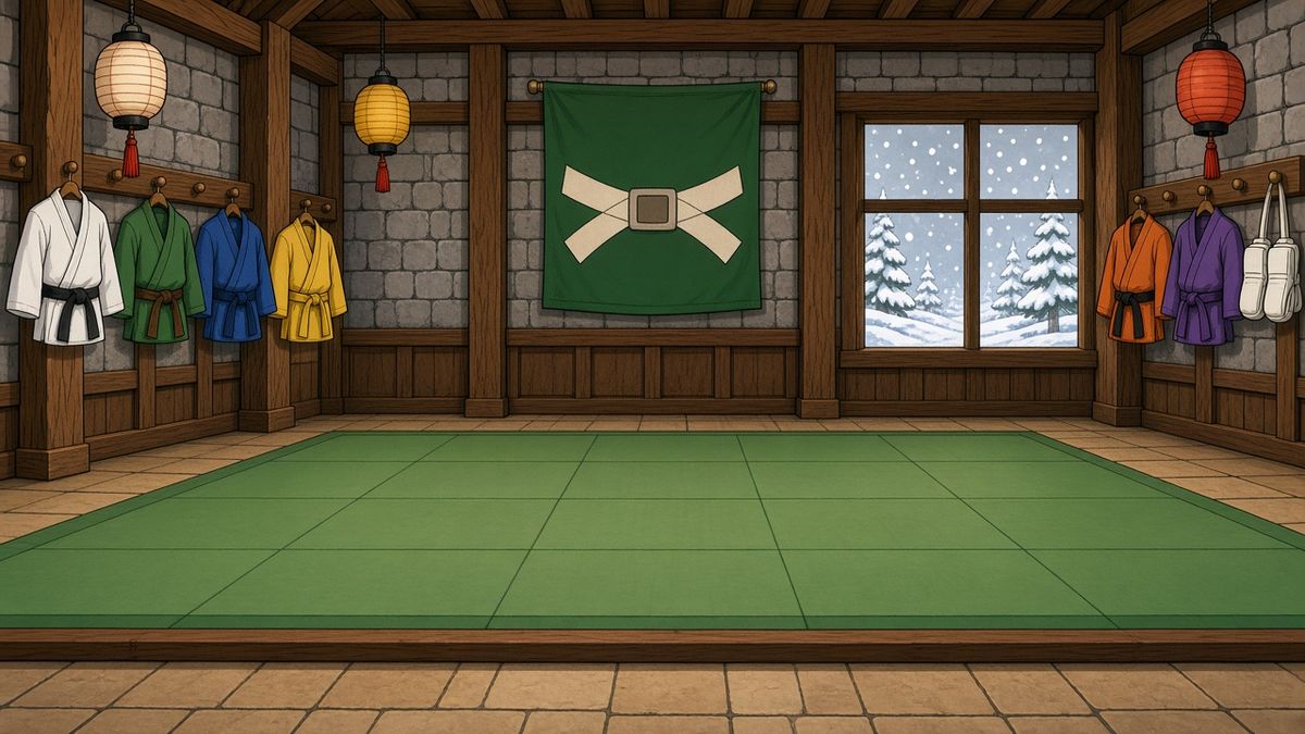 A training hall with green mats and gis hanging on the walls