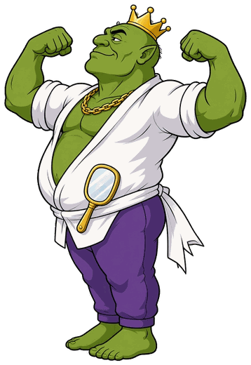 The Ego Ogre: a green ogre in a crown and open gi, flexing with a hand mirror in his belt