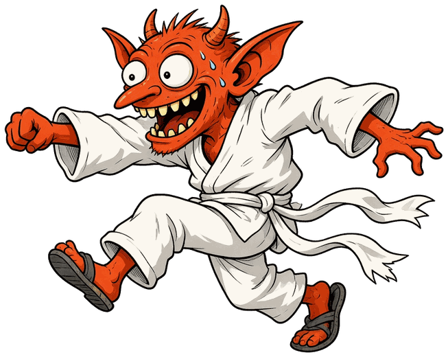 The Spaz Imp: a frantic red imp in a loose white gi, flailing mid-leap
