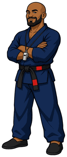 The Coach: a black belt in a navy gi with arms crossed