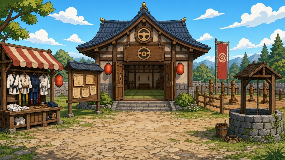 The gym village hub with a training hall, quest board and gear shop